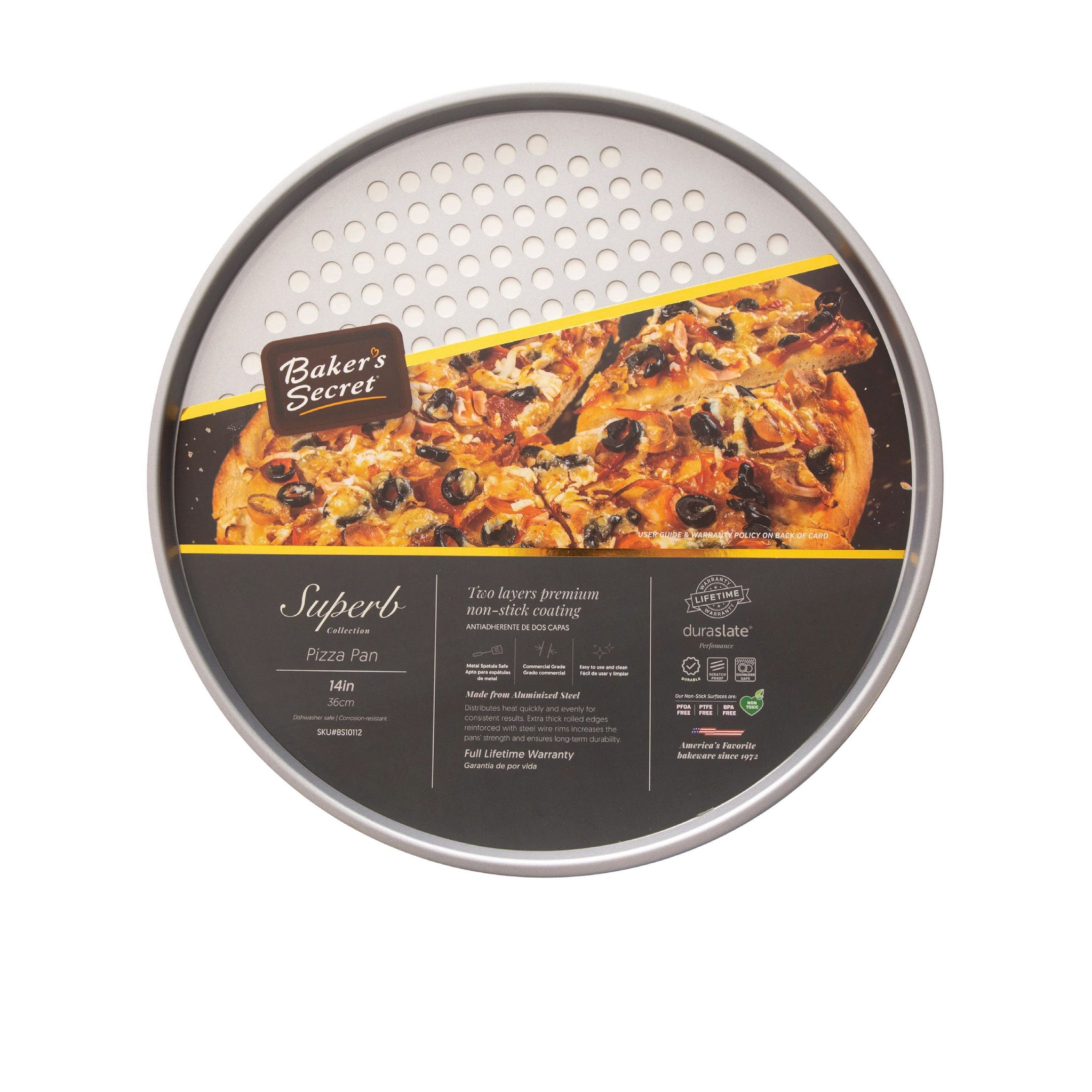 Chef Select Pizza Crisper Pan, 14-inch Round, Large size, Steel, Non-Stick, Perforated - Pizza, Fries, Bread, Large Cookies
